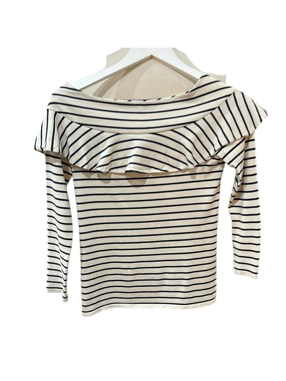 Anthropologie Leifnotes Striped Ruffle Yoke 3/4 Sleeve Top Cream Navy SZ XS